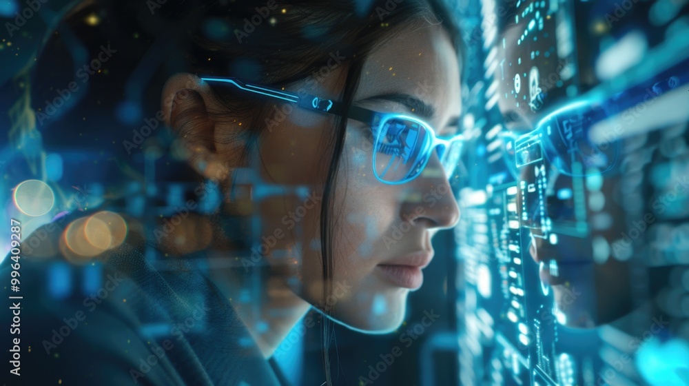 A woman wearing glasses looks at a computer screen A woman wearing glasses looks at a computer screen