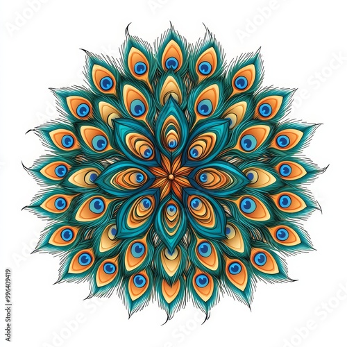 Colorful mandala design featuring intricate peacock feather patterns.