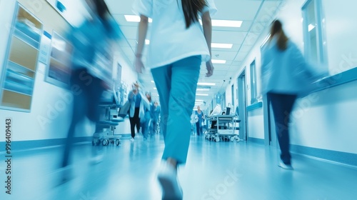 Patient waiting on seats with blurry doctor woman walking in hospital. Synthetic animation.