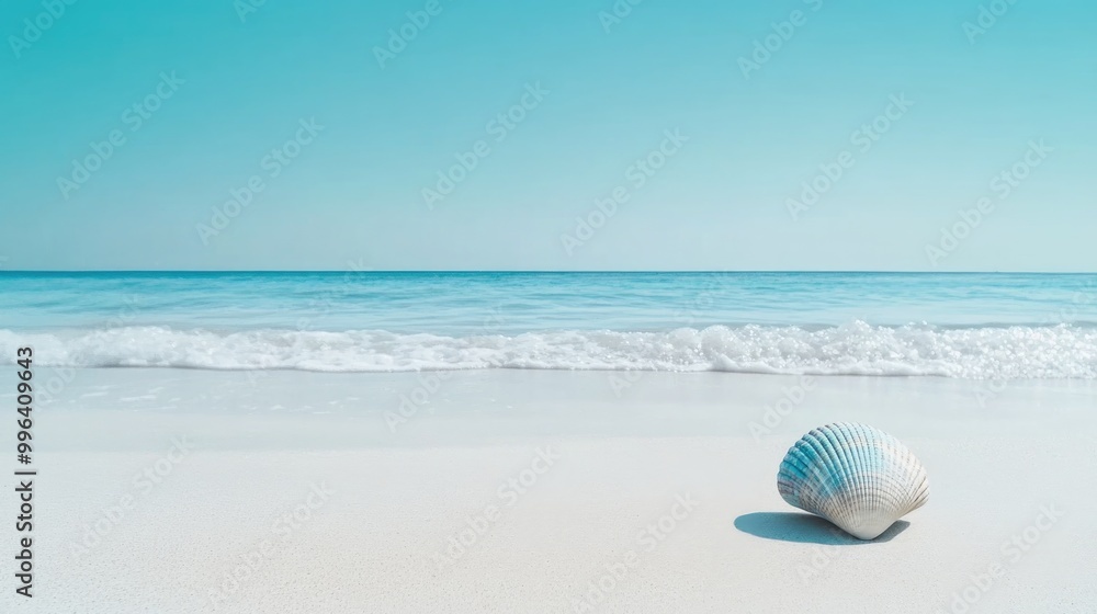 Minimalist beach featuring soft white sand a solitary blue seashell gentle ocean waves a bright blue sky and a tranquil summer atmosphere Minimalist beach featuring soft white sand a solitary blue seashell gentle ocean waves a bright blue sky and a tranquil summer atmosphere