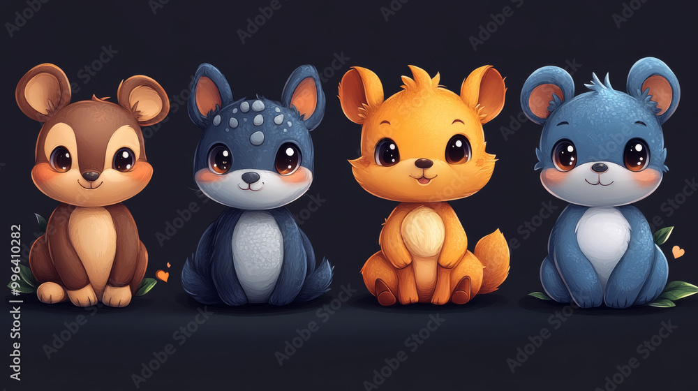 Four adorable cartoon animals sitting together. Four adorable cartoon animals sitting together.