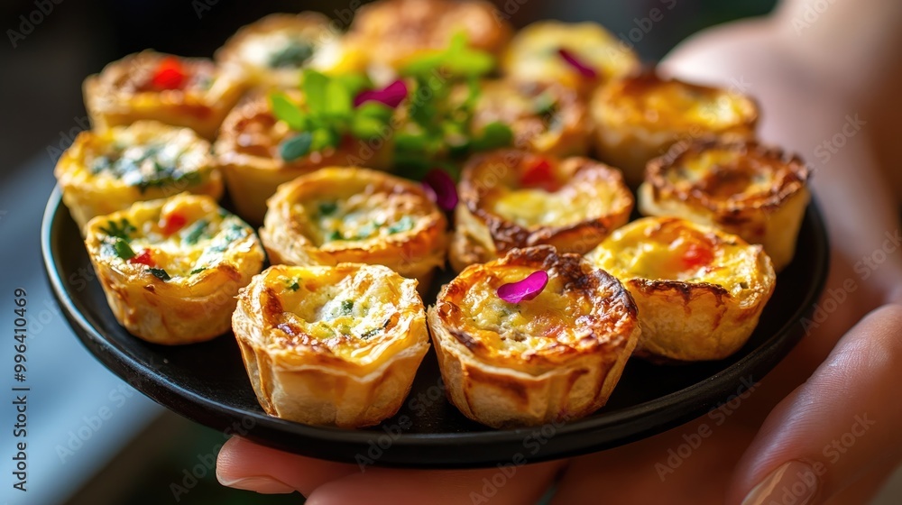 Assorted Mini Quiches Presented on a Plate Held in a Hand Assorted Mini Quiches Presented on a Plate Held in a Hand