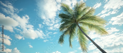 Palm Tree Against a Blue Sky with White Clouds.