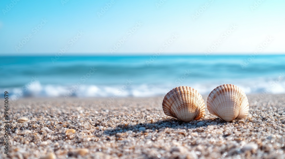 A pair of seashells resting side by side on a quiet beach, with the blue horizon of the sea barely touching the sky. A pair of seashells resting side by side on a quiet beach, with the blue horizon of the sea barely touching the sky.