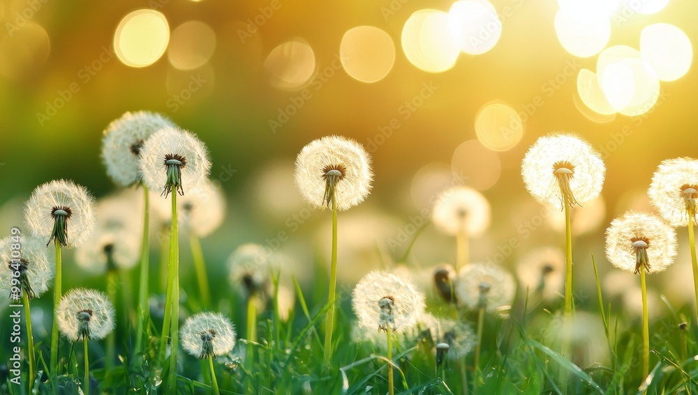 An image of blooming grasses in the wind on a blurred green background with sunny bokeh lights, a concept for pollen allergy season with space for text or products, created with AI. An image of blooming grasses in the wind on a blurred green background with sunny bokeh lights, a concept for pollen allergy season with space for text or products, created with AI.