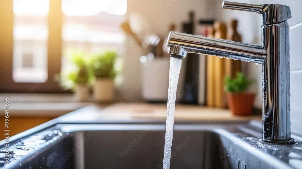 Open metal faucet with flowing water in a kitchen sink setting Open metal faucet with flowing water in a kitchen sink setting