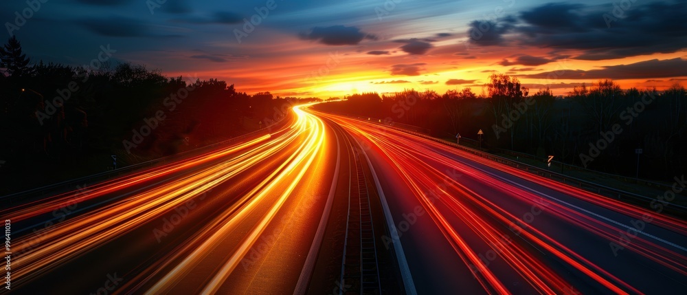 Dynamic Highway at Sunset with Light Trails Dynamic Highway at Sunset with Light Trails