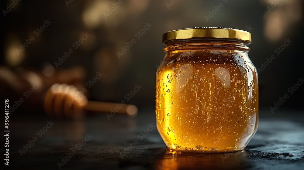 Golden Honey Jar on Dark Background Texture and Glossy Finish Golden Honey Jar on Dark Background Texture and Glossy Finish