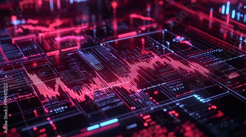 Dynamic abstract visualization of digital data waveform in red and black tones, ideal for tech-related themes.