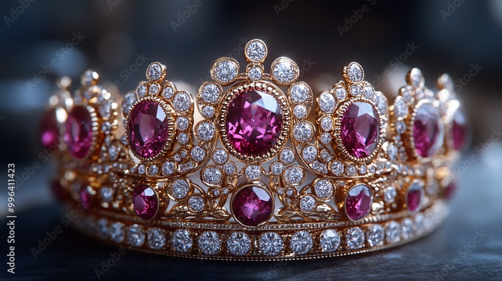 Close-up of a gold crown adorned with ruby and diamond gemstones. Close-up of a gold crown adorned with ruby and diamond gemstones.