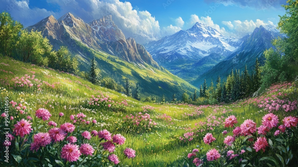 Tranquil Mountain Scene Featuring Colorful Pink Blooms in a Lush Meadow Tranquil Mountain Scene Featuring Colorful Pink Blooms in a Lush Meadow