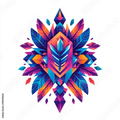 Vibrant geometric design with colorful feathers and shapes, perfect for modern artwork.