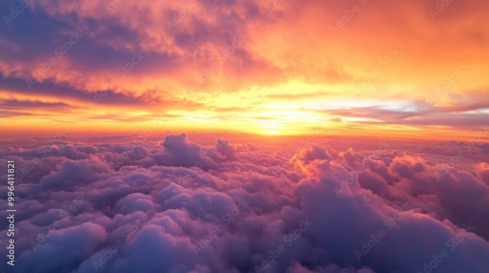 Vibrant sunset over fluffy clouds showcasing a beautiful blend of orange pink and purple hues in the sky Vibrant sunset over fluffy clouds showcasing a beautiful blend of orange pink and purple hues in the sky