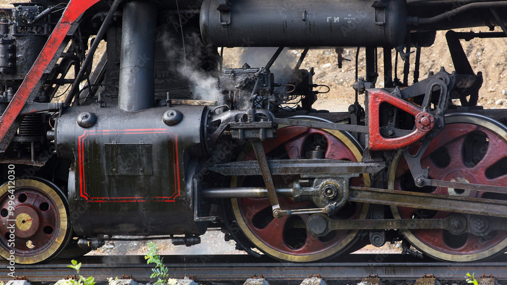 Close-up of part of an old black steam locomotive Close-up of part of an old black steam locomotive