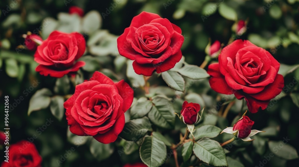 Close up of vivid red roses in full bloom accompanied by lush green foliage in the background Close up of vivid red roses in full bloom accompanied by lush green foliage in the background