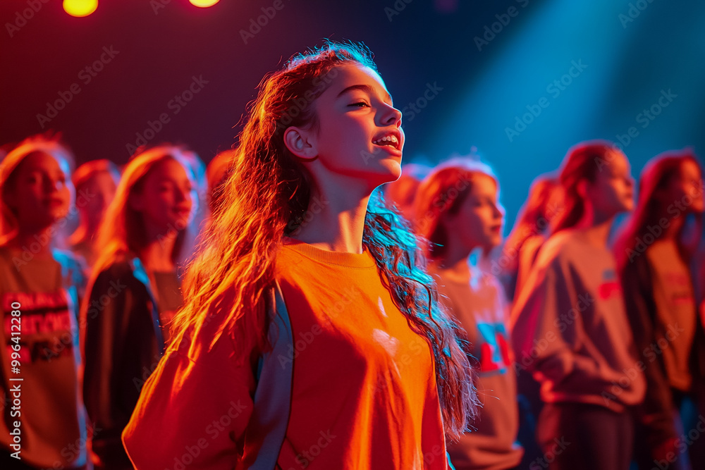 Students participating in a school talent show, performing on stage, children singing, celebration in auditorium Students participating in a school talent show, performing on stage, children singing, celebration in auditorium