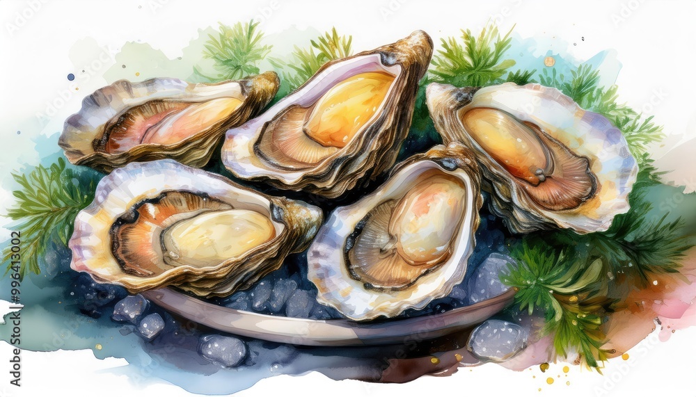 Fresh oysters on a bed of ice with greens, appealing seafood presentation, white isolated background. Fresh oysters on a bed of ice with greens, appealing seafood presentation, white isolated background.