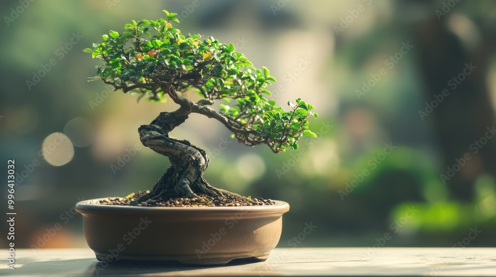 Bonsai tree potted with a soft focus backdrop Bonsai tree potted with a soft focus backdrop