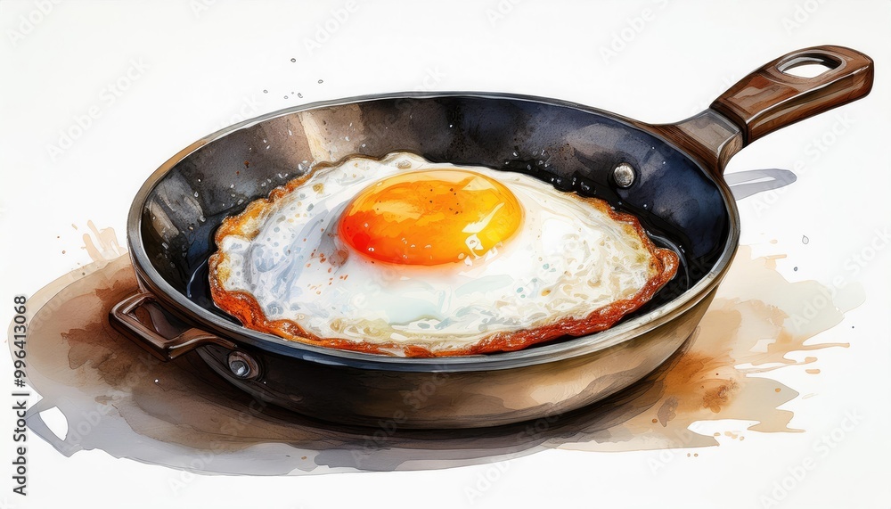 Fried egg in a skillet, with a golden yolk and crispy edges, artistic presentation, white isolated background. Fried egg in a skillet, with a golden yolk and crispy edges, artistic presentation, white isolated background.
