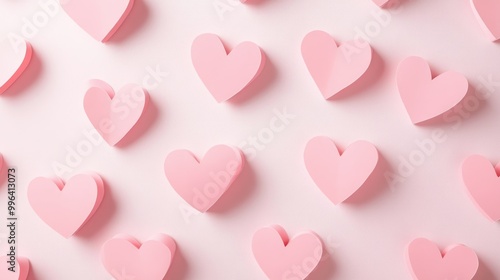 Adorable pastel heart shapes in pink on a paper backdrop Overhead view Heart cutouts displayed on a light background