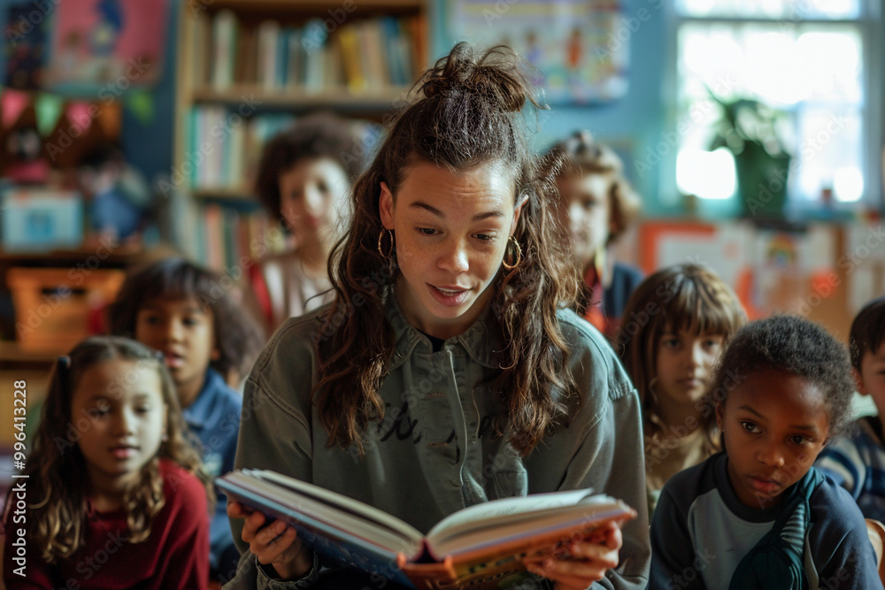 A teacher reading a book to a group of elementary students in a classroom, female educator engaging kids, fostering learning and inclusion A teacher reading a book to a group of elementary students in a classroom, female educator engaging kids, fostering learning and inclusion