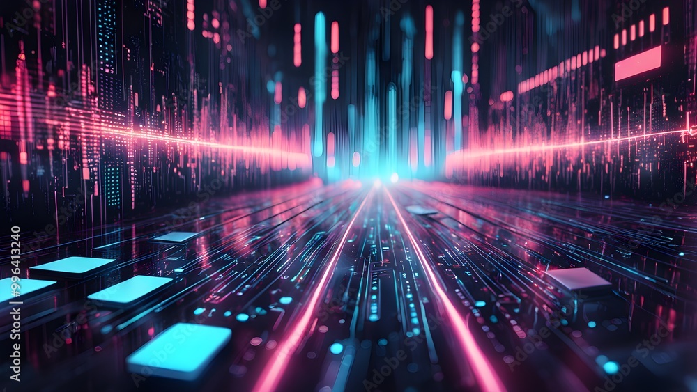 Abstract digital landscape with glowing neon lines and futuristic cityscape. Abstract digital landscape with glowing neon lines and futuristic cityscape.