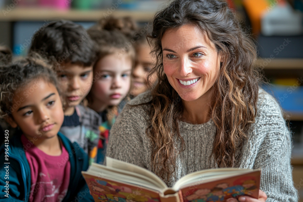 A teacher reading a book to a group of elementary students in a classroom, storytelling session with schoolchildren, fostering inclusion and diversity. A teacher reading a book to a group of elementary students in a classroom, storytelling session with schoolchildren, fostering inclusion and diversity.