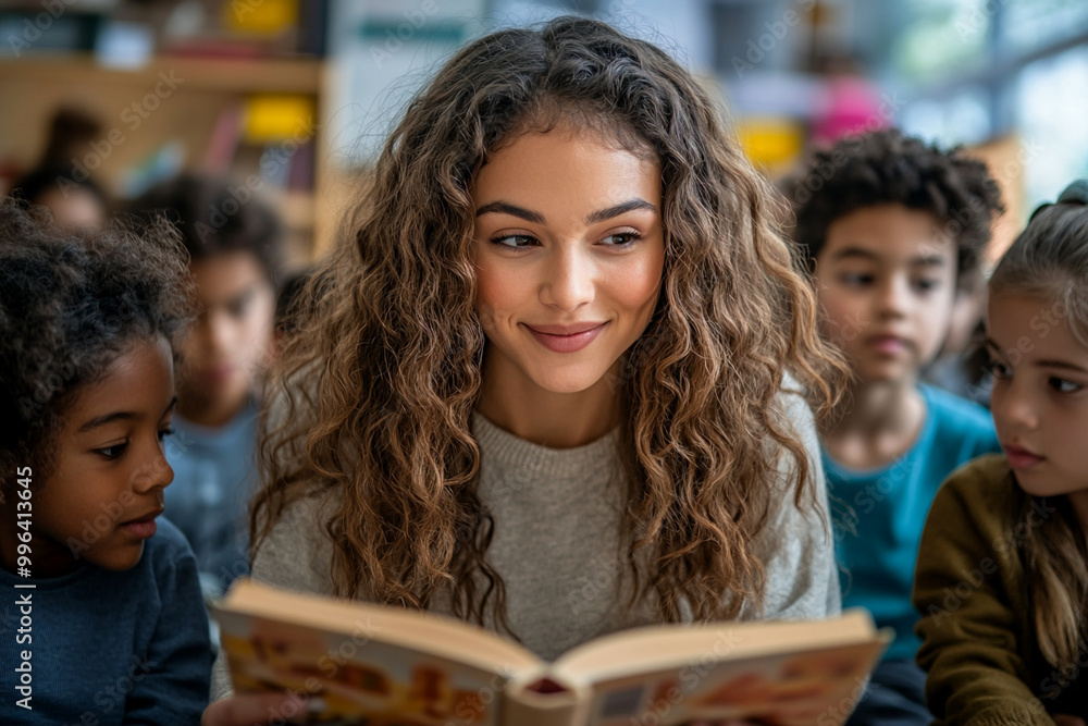 A teacher reading a book to a group of elementary students in a ...