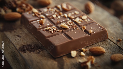 Chocolate bar with nuts placed on a rustic wooden surface captured in close up Focus on food and dessert themes