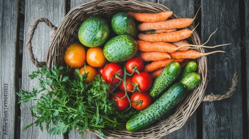 A variety of vegetables, including tomatoes, cucumbers, and carrots, in a basket on a rustic wooden table.