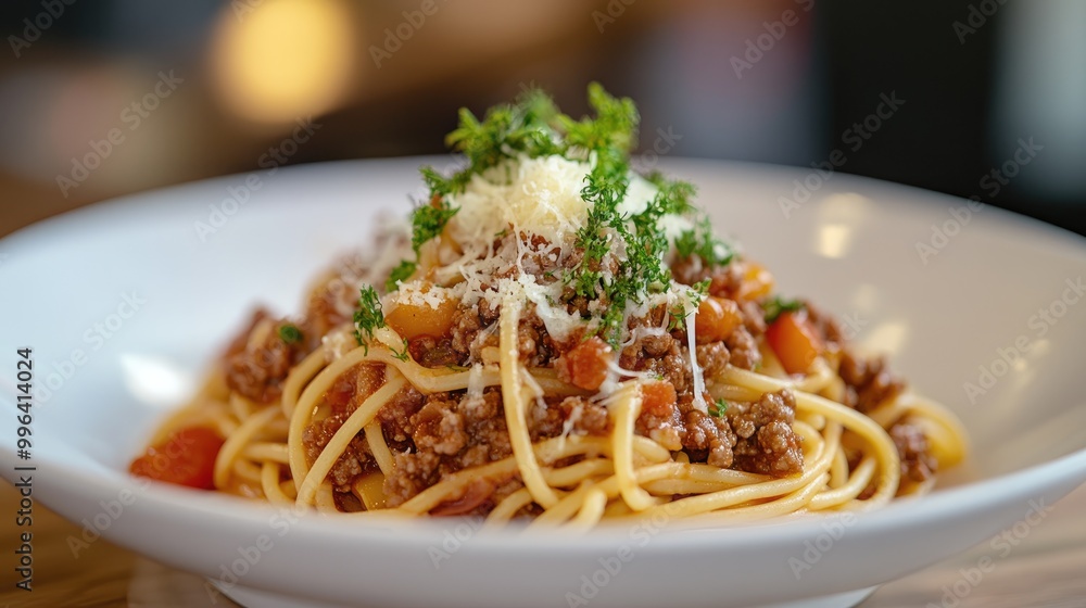 Spaghetti bolognese sauce featuring a mix of meat cheese tomatoes and spices served on a white plate Spaghetti bolognese sauce featuring a mix of meat cheese tomatoes and spices served on a white plate