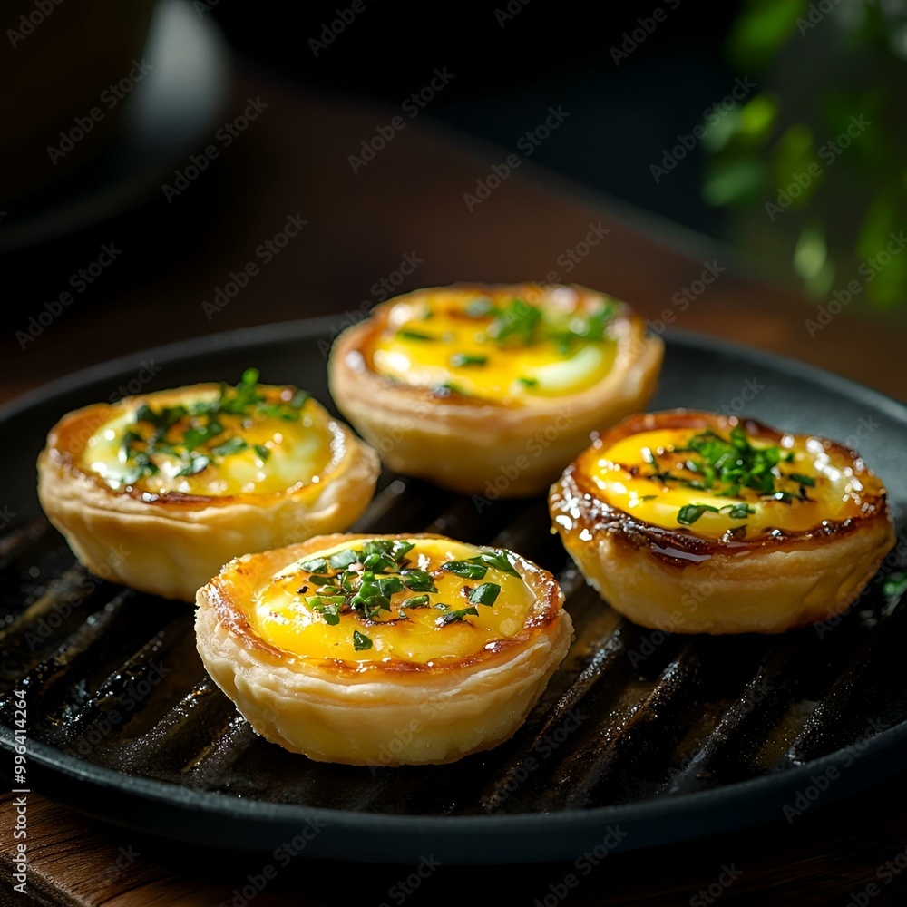 Freshly Baked Egg Tarts with Green Onion Garnish on Dark Pan Close-up. Freshly Baked Egg Tarts with Green Onion Garnish on Dark Pan Close-up.