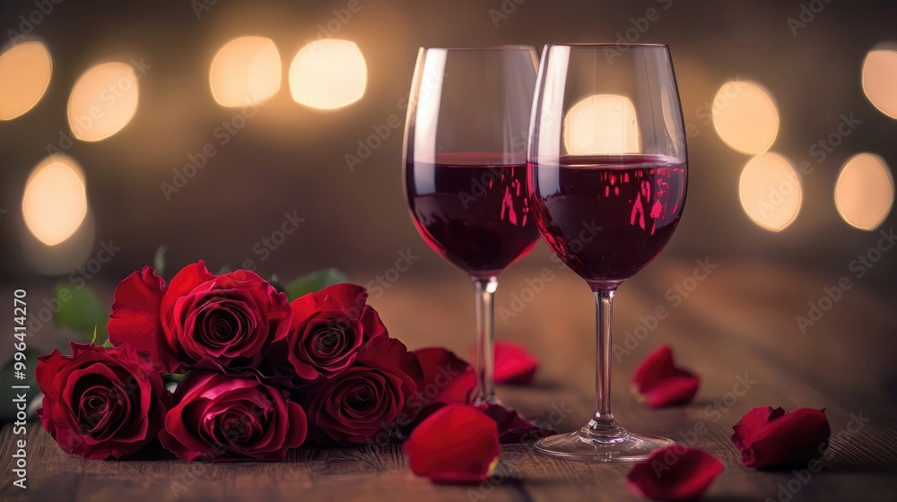 Romantic celebration featuring wine and a bouquet of roses Romantic celebration featuring wine and a bouquet of roses