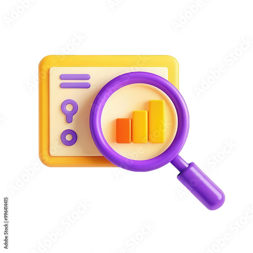 A colorful 3D illustration of a magnifying glass over a chart, representing data analysis. Perfect for analytics and business insights. photo