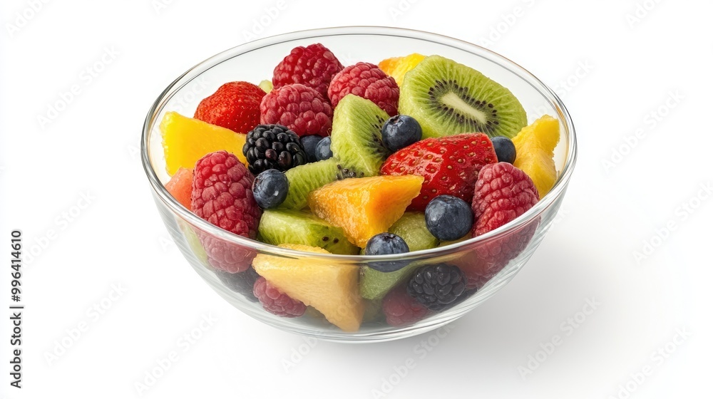 Fresh fruit salad in a bowl placed on a white background Fresh fruit salad in a bowl placed on a white background