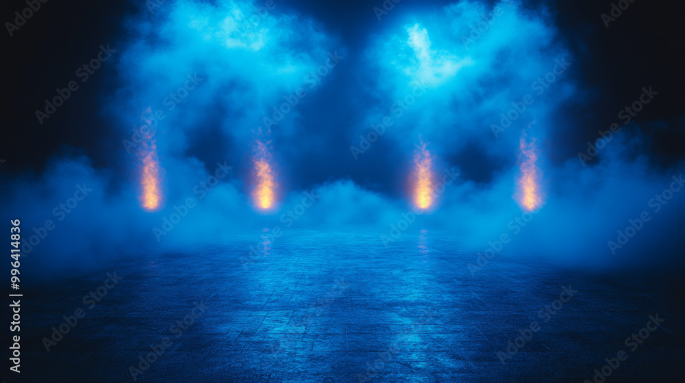 Blue and orange lights illuminate a smoky, mysterious scene. Blue and orange lights illuminate a smoky, mysterious scene.