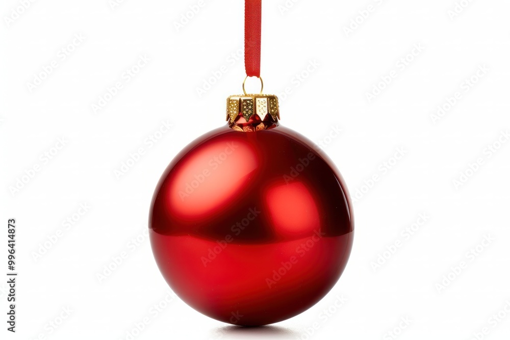 A classic red glass Christmas ornament with a shiny finish, hanging from a gold ribbon. A classic red glass Christmas ornament with a shiny finish, hanging from a gold ribbon.
