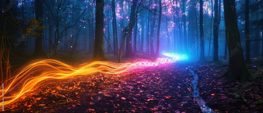 Obraz premium Enchanted Forest with Colorful Light Trails at Dusk