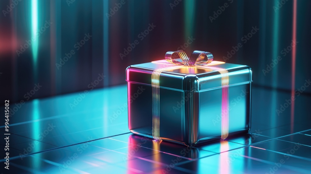 Futuristic Raffle Box Futuristic metallic gift box featuring glowing LED lights placed on a ...