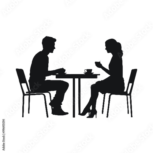 Couple at Cafe Table Silhouette Vector Illustration