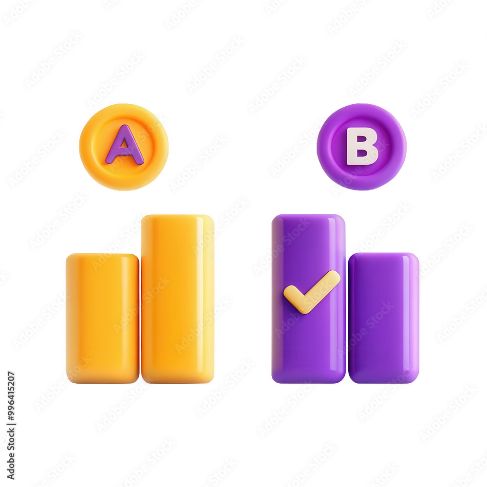 A vibrant 3D render depicting two colorful bar graphs labeled A and B with check marks, illustrating data comparison in a playful style. A vibrant 3D render depicting two colorful bar graphs labeled A and B with check marks, illustrating data comparison in a playful style.