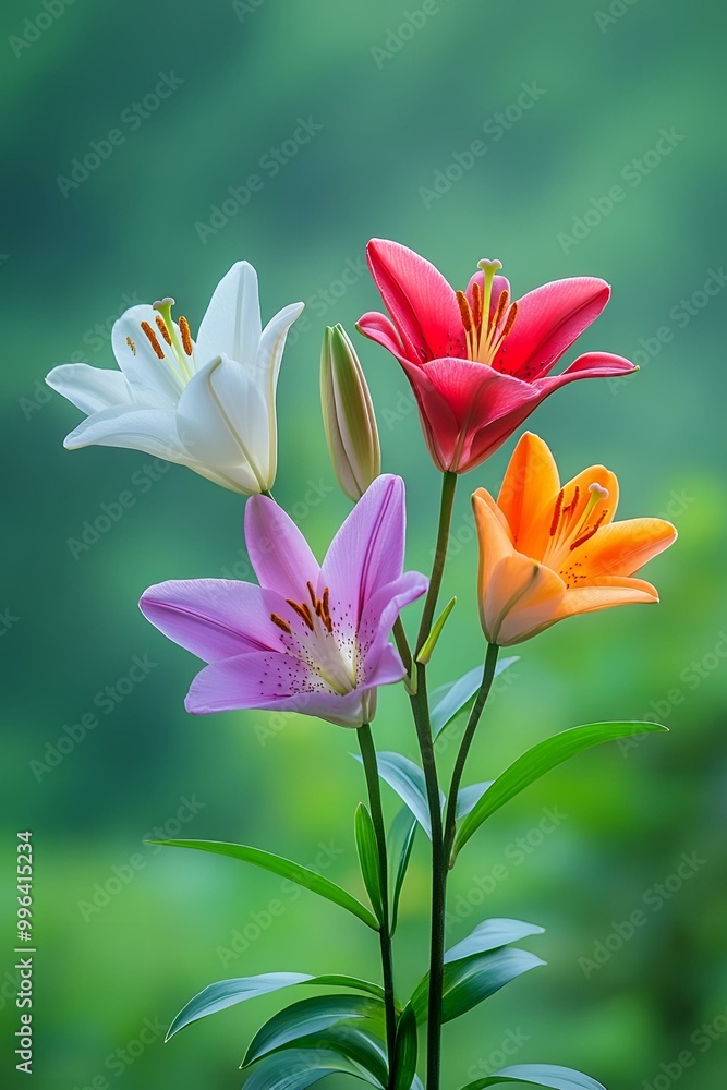 Vibrant Multicolored Lilies in Full Bloom Against Soft Green Backdrop – A Symphony of Nature’s Beauty. Vibrant Multicolored Lilies in Full Bloom Against Soft Green Backdrop – A Symphony of Nature’s Beauty.