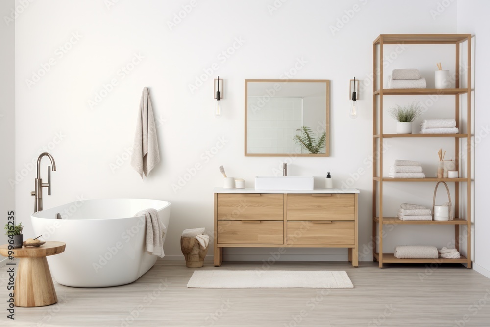 A clean and organized bathroom with a walk-in shower, a double vanity, and a freestanding bathtub A clean and organized bathroom with a walk-in shower, a double vanity, and a freestanding bathtub