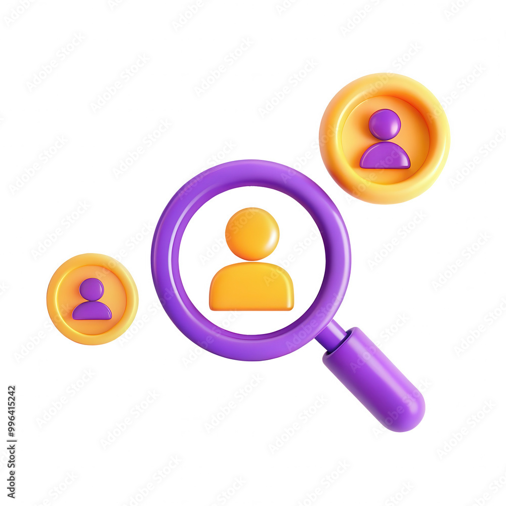 A 3D illustration featuring user icons in purple and orange colors viewed through a magnifying glass, symbolizing analysis or search for individuals. A 3D illustration featuring user icons in purple and orange colors viewed through a magnifying glass, symbolizing analysis or search for individuals.