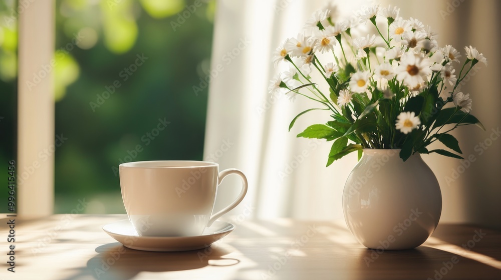 Coffee cup beside a flower vase on a table featuring a banner and ample space for text Coffee cup beside a flower vase on a table featuring a banner and ample space for text