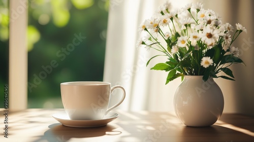 Wallpaper Mural Coffee cup beside a flower vase on a table featuring a banner and ample space for text Torontodigital.ca