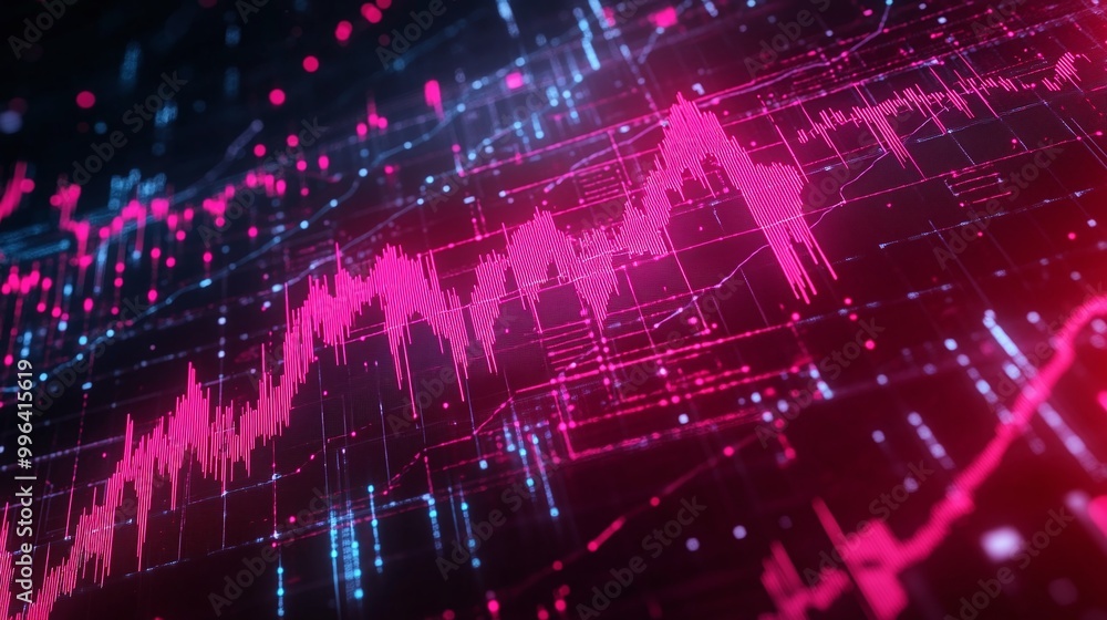 Fototapeta premium Dynamic digital graph with pink and blue data points, representing market trends and analytics.
