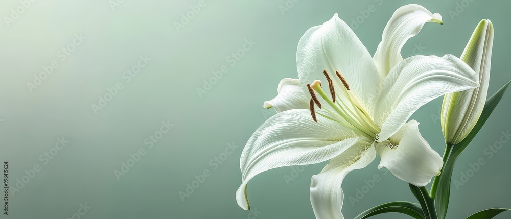 Fototapeta premium White Lily Flower on a Green Background.