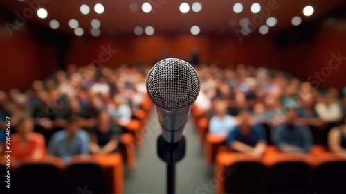 Microphone positioned at a podium with an audience in the background waiting attentively