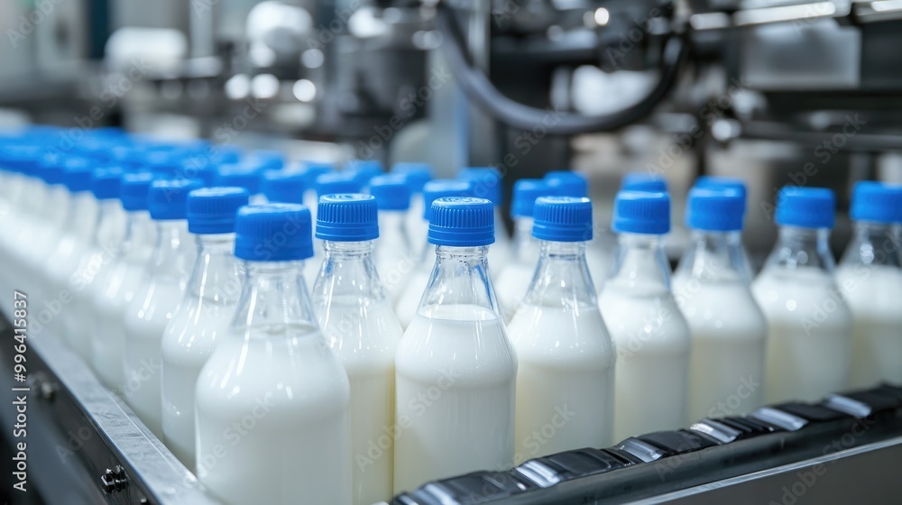 Milk filling machine in a dairy facility featuring milk bottles with blue caps on the conveyor system Milk filling machine in a dairy facility featuring milk bottles with blue caps on the conveyor system
